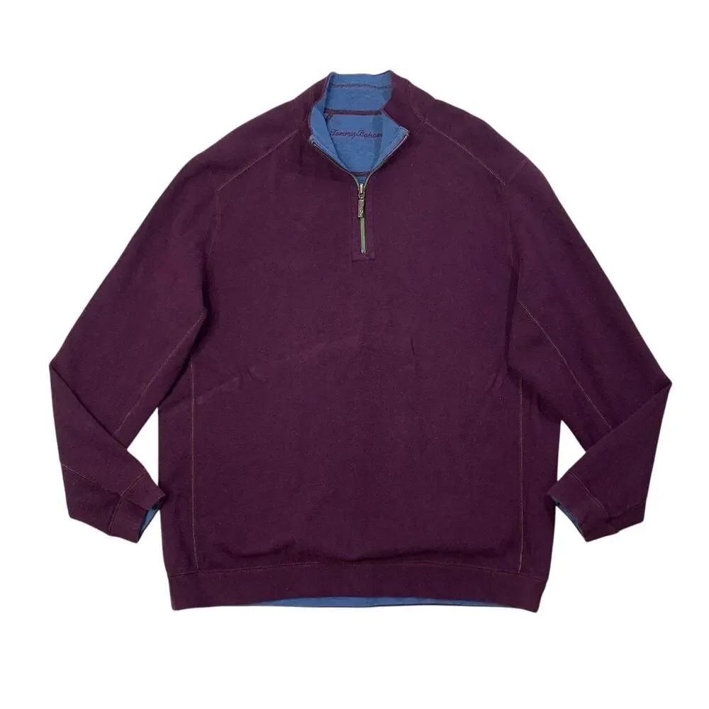 Tommy Bahama Sweater Mens XL Purple Blue Reversible Half Zip Knit Pullover